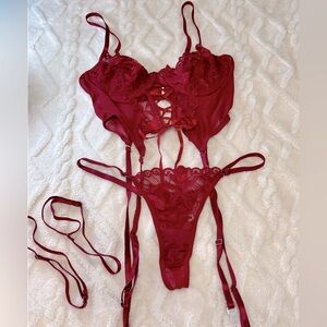 Red Lace Up Lingerie Set (4 pc)